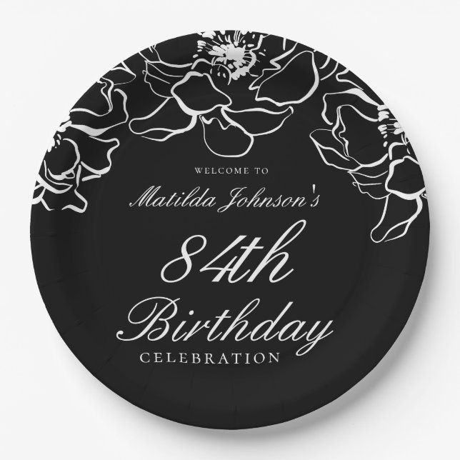 Plato De Papel Partido de cumpleaños Black White Floral (Anverso)