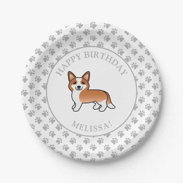 Plato De Papel Partido de cumpleaños de Corgi Welsh Cardigan rojo (Anverso)