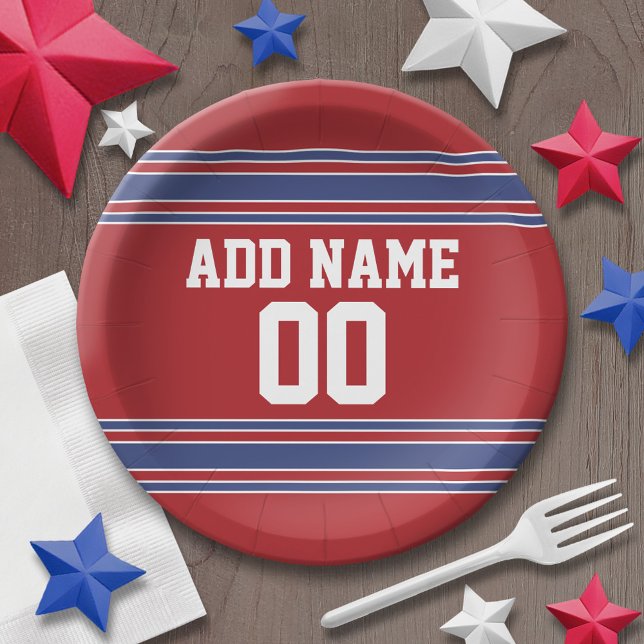 Plato De Papel Partido de cumpleaños de Jersey de Deportes Rojos  (Personalized party plates - sports theme for birthday or any occasion)