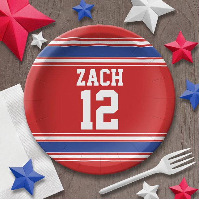 Plato De Papel Partido de cumpleaños de Jersey de Deportes Rojos  (Personalized party plates - sports theme for birthday or any occasion)