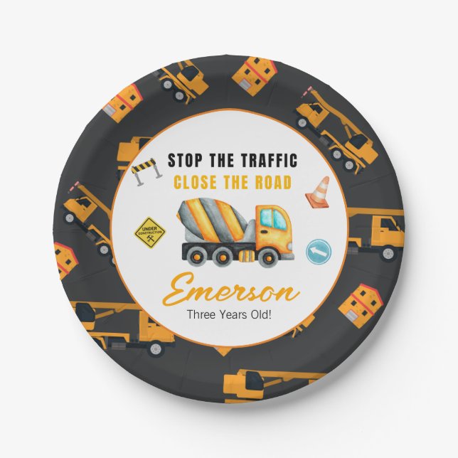 Plato De Papel Partido de Cumpleaños de la Construcción (Anverso)