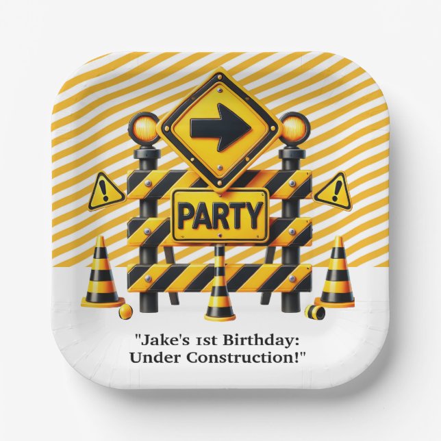 Plato De Papel Partido de Cumpleaños de la Construcción (Anverso)