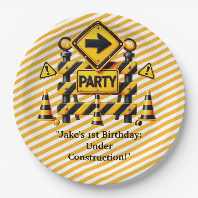 Plato De Papel Partido de Cumpleaños de la Construcción (Anverso)