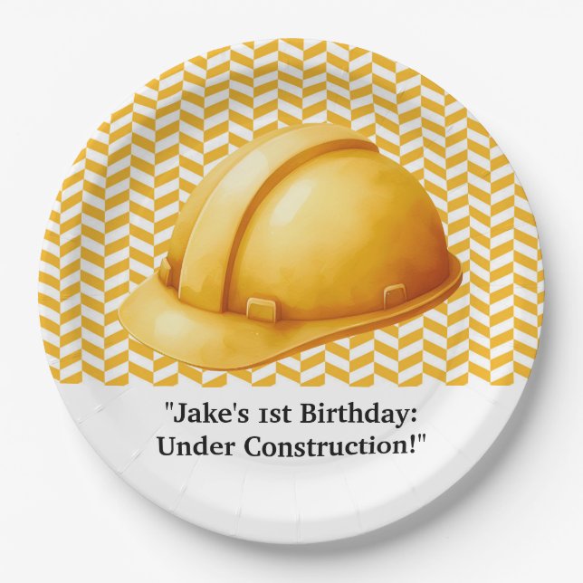 Plato De Papel Partido de Cumpleaños de la Construcción (Anverso)