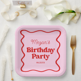 Plato De Papel Partido de Cumpleaños de la Frontera Rosa Roja Wav