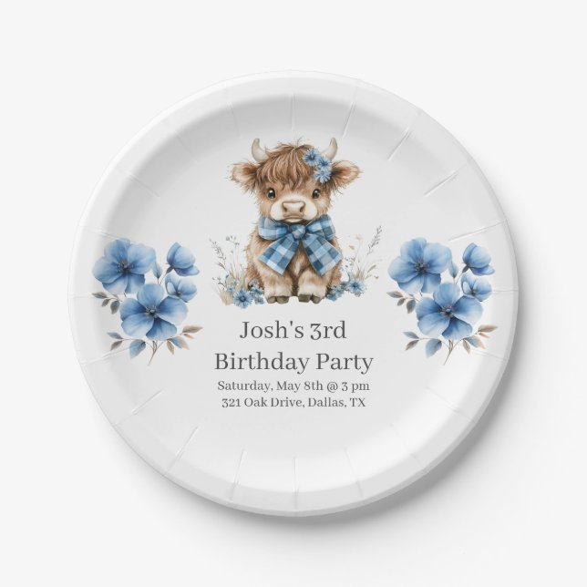 Plato De Papel Partido de Cumpleaños de la Vaca Azul (Anverso)