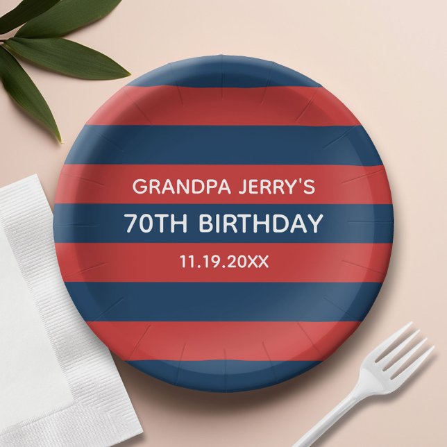 Plato De Papel Partido de cumpleaños de las franjas azul y rojo d (Custom Paper Plate)