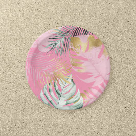 Plato De Papel Partido de cumpleaños de las hojas tropicales rosa