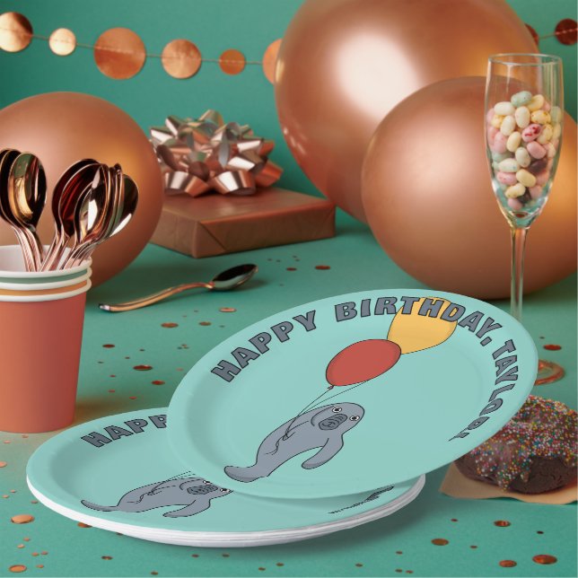 Plato De Papel Partido de Cumpleaños de los Personalizados Manate (Multi)