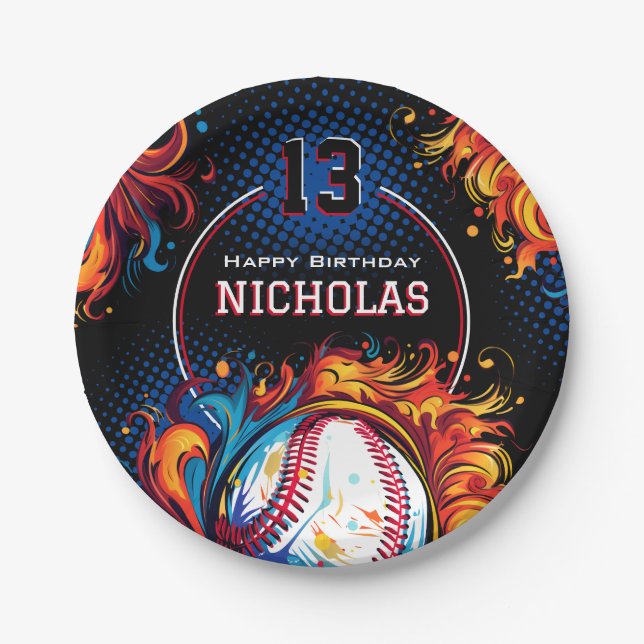 Plato De Papel Partido de Cumpleaños del Béisbol (Anverso)