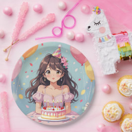 Plato De Papel Partido de Cumpleaños del Chica Cute Anime