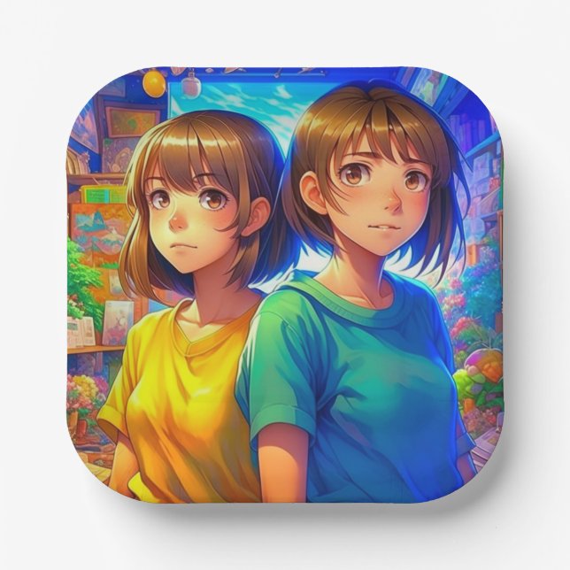 Plato De Papel Partido de Cumpleaños del Chica gemelo Anime (Anverso)