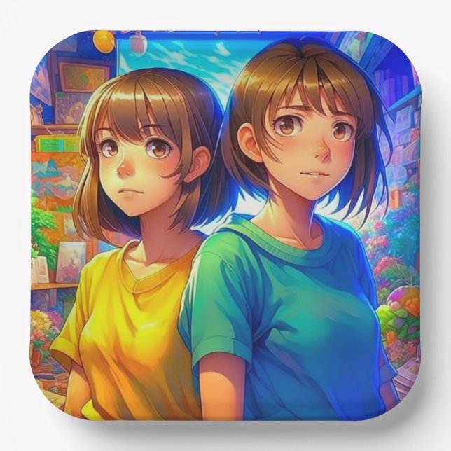 Plato De Papel Partido de Cumpleaños del Chica gemelo Anime (Anverso)
