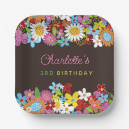 Plato De Papel Partido de cumpleaños del Jardín de las Flores de 
