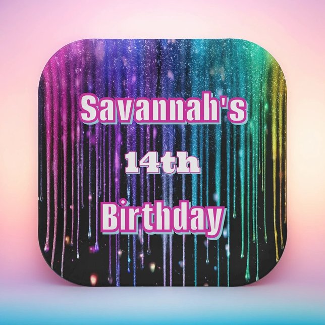 Plato De Papel Partido de Cumpleaños del Purpurina Rainbow Drin (Subido por el creador)