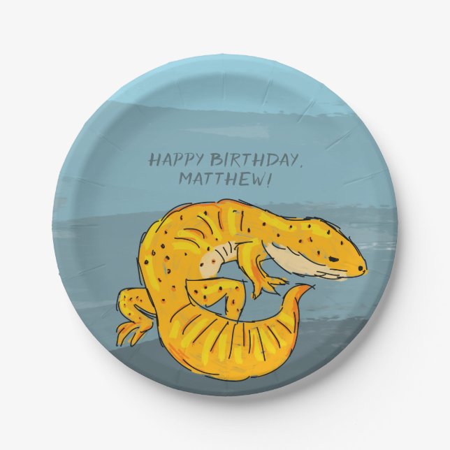 Plato De Papel Partido de cumpleaños Gecko personalizado naranja  (Anverso)