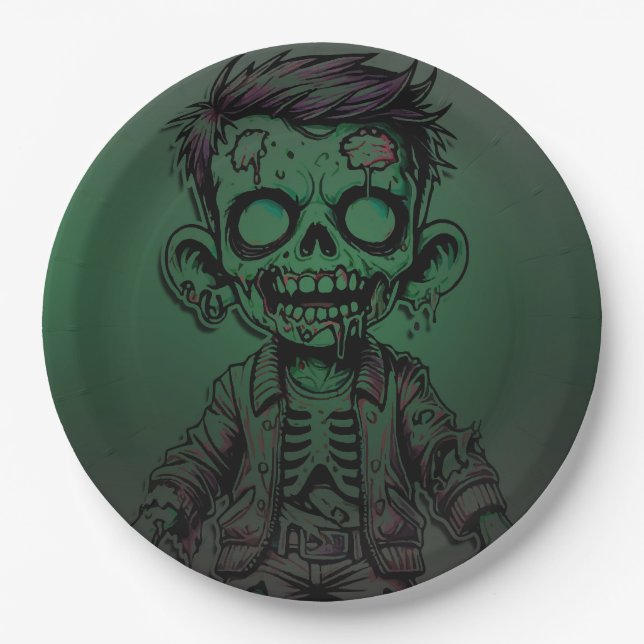 Plato De Papel Partido de cumpleaños Green Zombie Kid Halloween (Anverso)