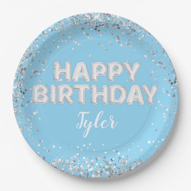 Plato De Papel Partido de cumpleaños Light Blue Silver (Anverso)