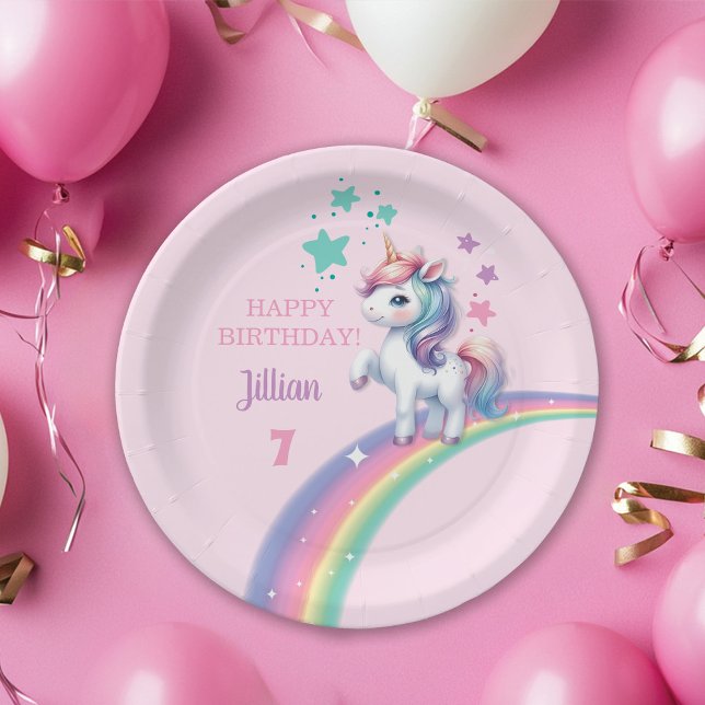 Plato De Papel Partido de Cumpleaños Mágico de Unicornio (Colorful Magical Unicorn and Rainbow Girl Happy Birthday Paper Plate)