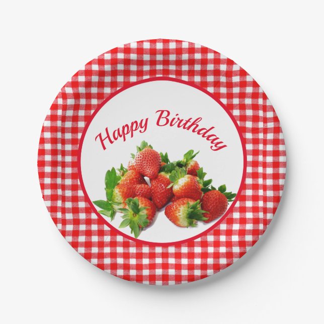 Plato De Papel Partido de Cumpleaños Red Gingham y Strawberries (Anverso)