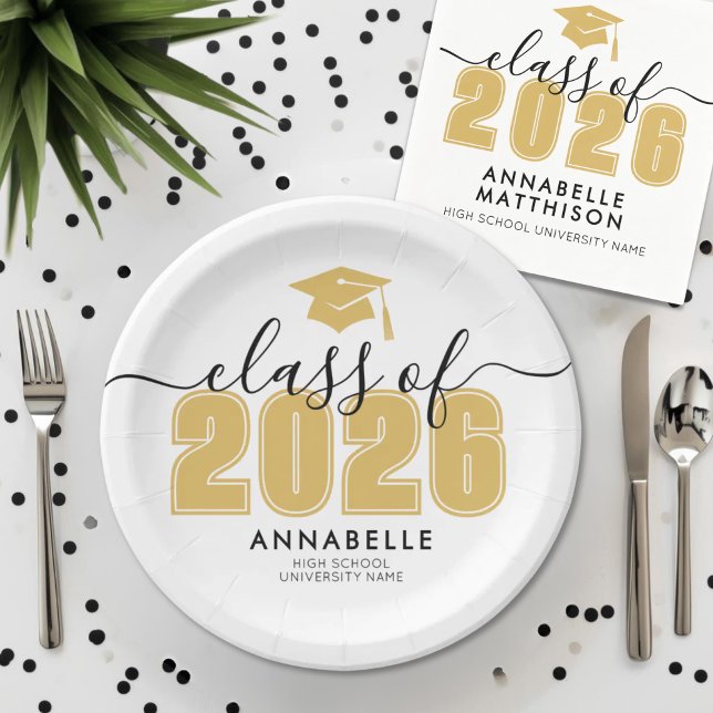 Plato De Papel Partido de Graduación Amarillo Graduado (Graduate Yellow Gold Graduation Party Paper Plates )