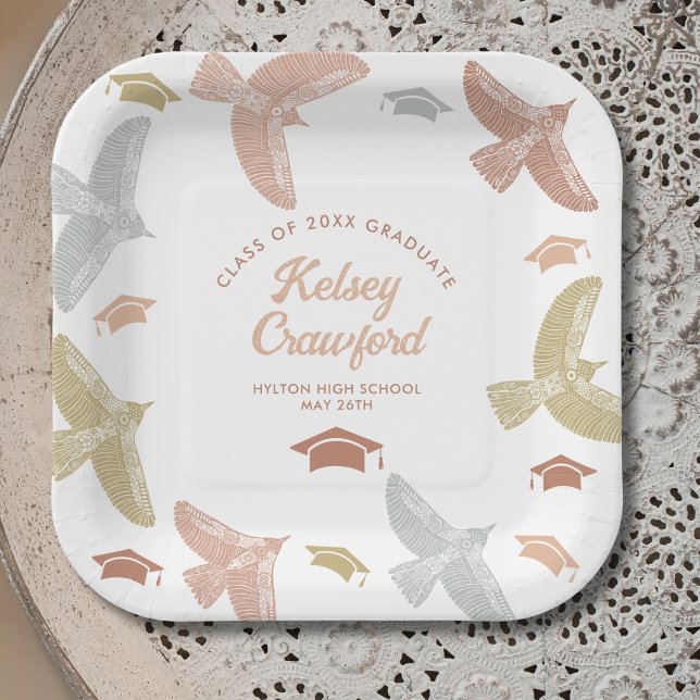 Plato De Papel Partido de Graduación: Aves Boho y gorras (Subido por el creador)