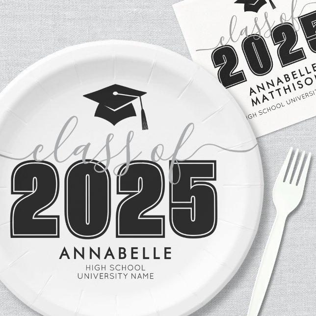 Plato De Papel Partido de Graduación Blanca Negra (Graduate Black White Graduation Party Paper Plates)