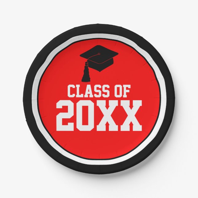 Plato De Papel Partido de Graduación de Año de Clase Negra y Roja (Anverso)