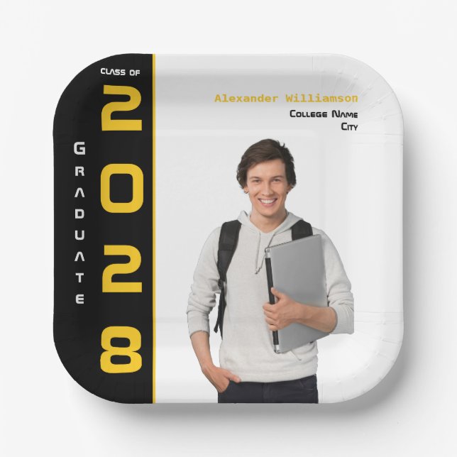 Plato De Papel Partido de Graduación de Fotografía Negra de Oro M (Anverso)