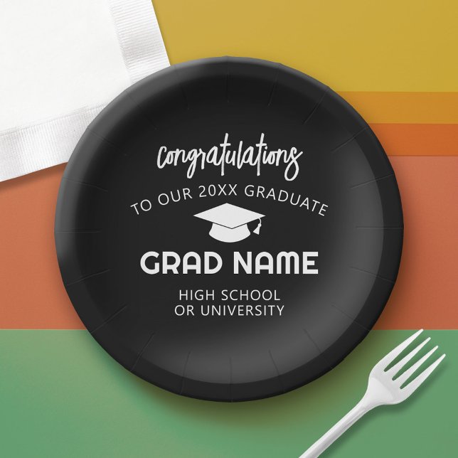 Plato De Papel Partido de Graduación de Guión de Moda - Negro (Custom Graduation Paper Plate)