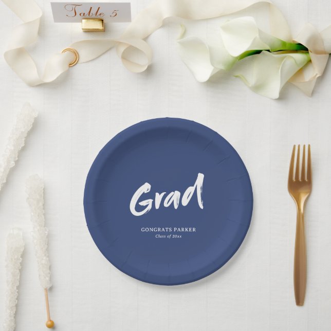 Plato De Papel Partido de Graduación de Guión de Pincel Azul Simp (Boda)