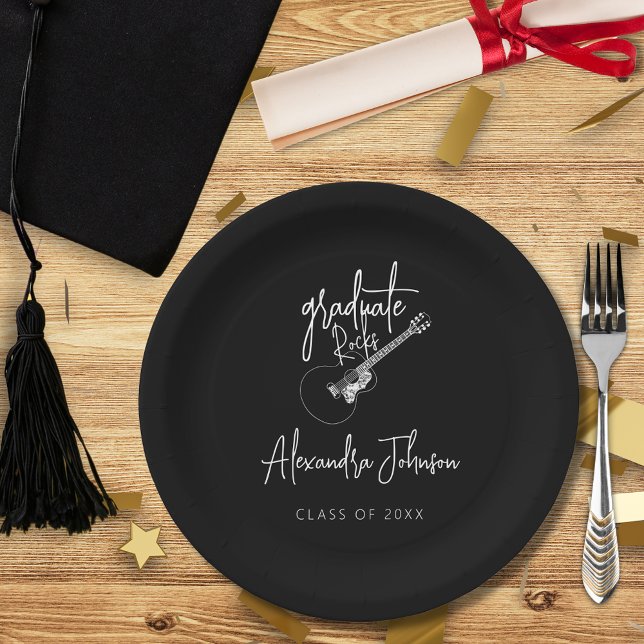 Plato De Papel Partido de Graduación de Guitarra Moderna con Guió (Modern script cool trendy minimalist country guitar music themed graduation party custom paper plate)