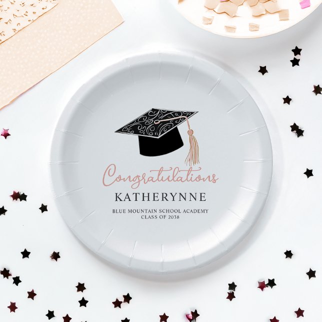 Plato De Papel Partido de Graduación de la Niña Moderna (Cute Modern Girly Graduation Party Paper Plates)