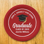 Plato De Papel Partido de Graduación del Personalizado de Graduad<br><div class="desc">Este moderno plato de papel de la fiesta de graduación de personalizados rojos y blancos presenta una tipografía elegante de su nombre de instituto o universidad para la clase de 2025. Personalizar con tu año de graduación bajo el guión manuscrito de la moda y gorro negro para una gran decoración...</div>