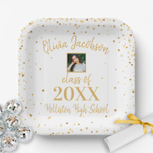 Plato De Papel Partido de Graduación Grad Photo Gold Confetti Whi