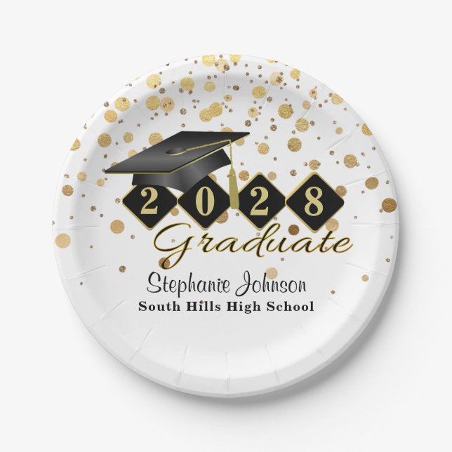 Plato De Papel Partido de Graduación Personalizada Black & Gold 2 (Anverso)