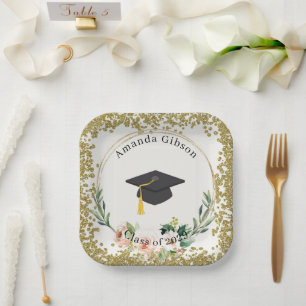 Plato De Papel Partido de Graduación Personalizada con Floral Ros