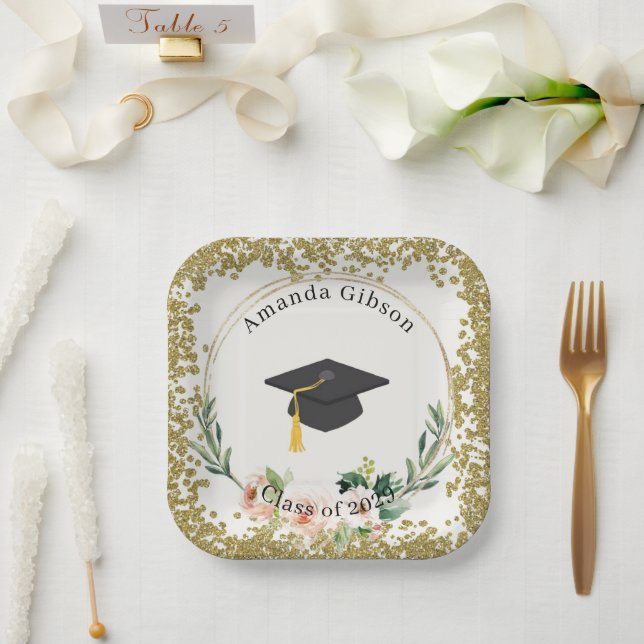Plato De Papel Partido de Graduación Personalizada con Floral Ros (Boda)