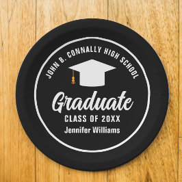 Plato De Papel Partido de Graduación Personalizada de Blanco Negr