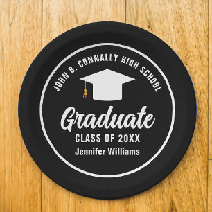 Plato De Papel Partido de Graduación Personalizada de Blanco Negr
