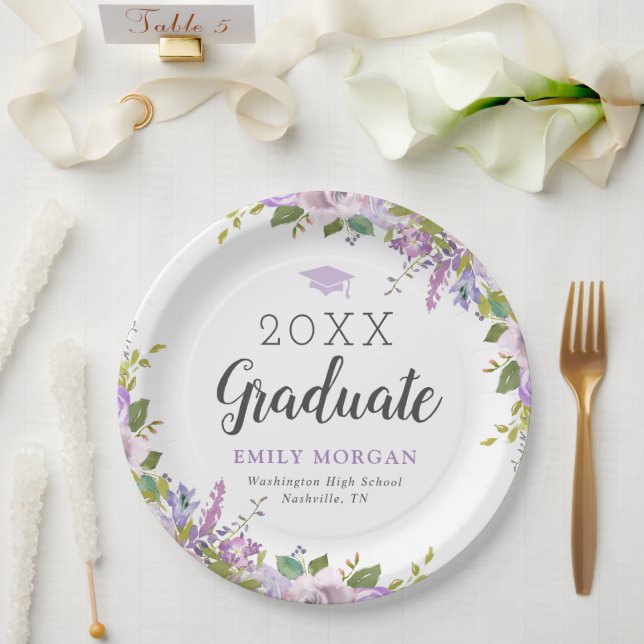 Plato De Papel Partido de Graduación Personalizada Lilac Floral (Boda)