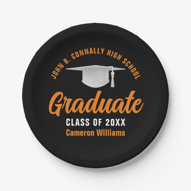 Plato De Papel Partido de Graduación Personalizada naranja Negro (Anverso)