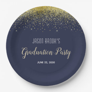 Plato De Papel Partido de Graduación Platinum Gold Confetti Black