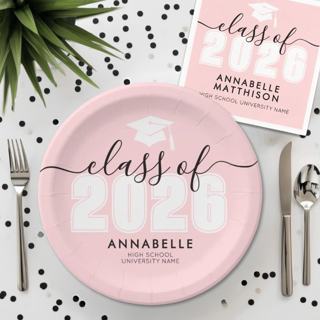 Plato De Papel Partido de Graduación Rosa Graduada (Graduate Pink Graduation Party Paper Plates)