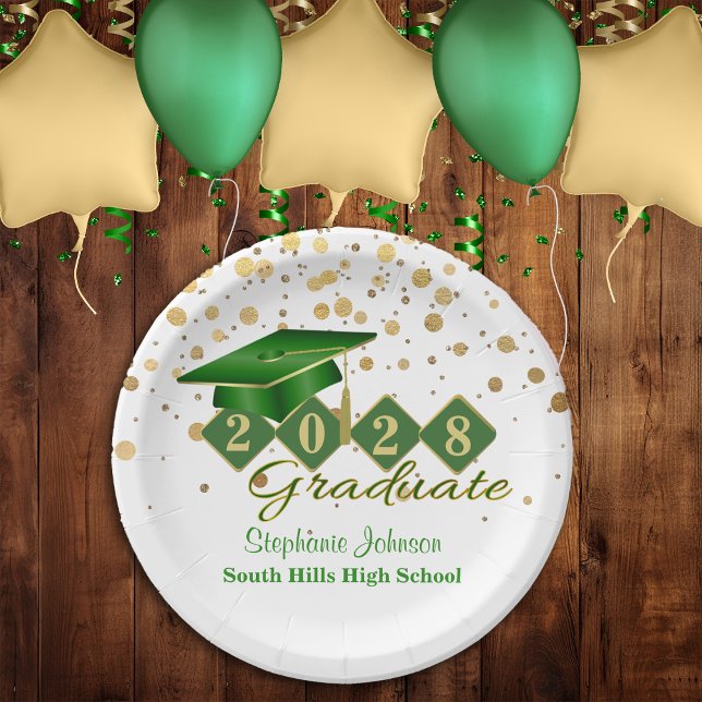 Plato De Papel Partido de Graduación Verde y Oro 20XX (Graduation Party Green & Gold  Paper Plates)