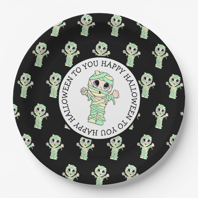 Plato De Papel Partido de Halloween de Mummy Cute (Anverso)
