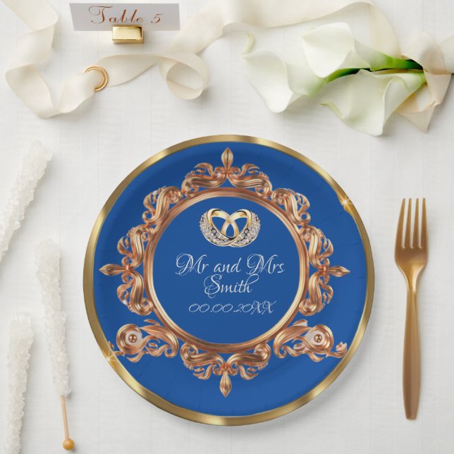 Plato De Papel Partido de la Boda Personalizada de Oro y Azul (Boda)