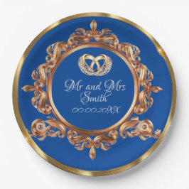 Plato De Papel Partido de la Boda Personalizada de Oro y Azul