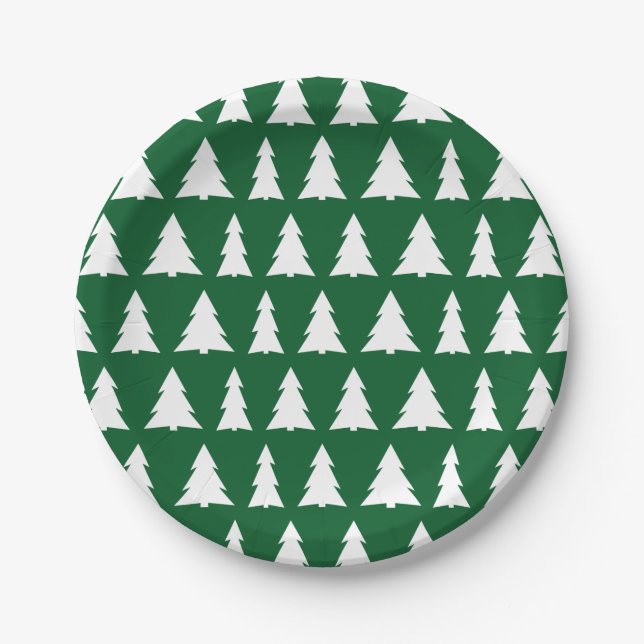 Plato De Papel Partido de vacaciones del patrón de árbol blanco v (Anverso)