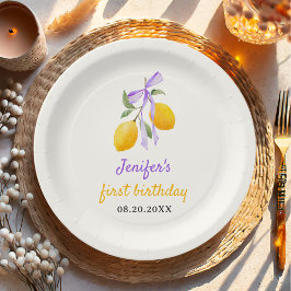 Plato De Papel Partido del Primer Cumpleaños de Lemon Purple Bow